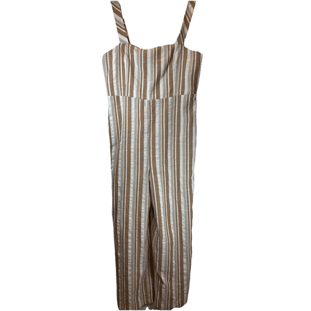 Striped Wide-Leg Overalls Beige white Size 8-10‎ Side Zip Missing Belt